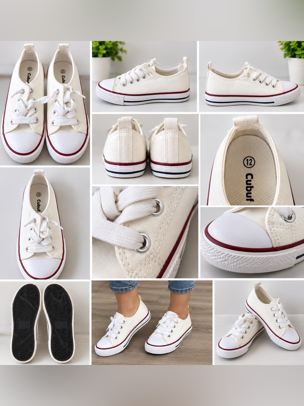 Kids White Canvas Low Top Sneakers Size 12 Classic Lace-Up Shoes
